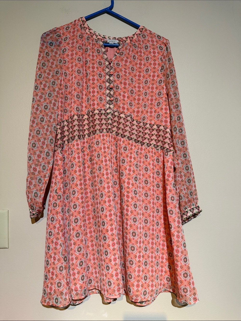 LOFT Coral Pink Printed Long-Sleeve Boho Dress